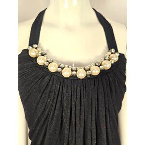 Lui Black Halter Top Pearl Rhinestone Embellishments Sz S Y2k 90's Cache 2000s